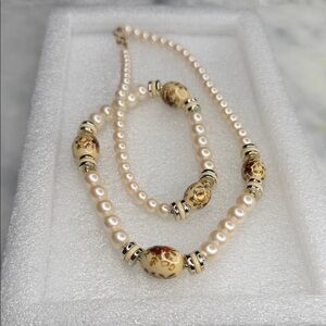 Vintage Pearl and Gold Beaded Long Necklace